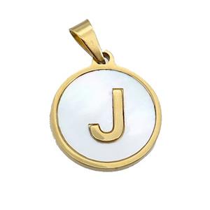 Stainless Steel Pendant Pave White Shell Letter-J Gold Plated, approx 15mm dia