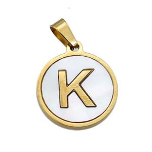 Stainless Steel Pendant Pave White Shell Letter-K Gold Plated, approx 15mm dia