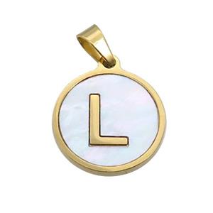 Stainless Steel Pendant Pave White Shell Letter-L Gold Plated, approx 15mm dia