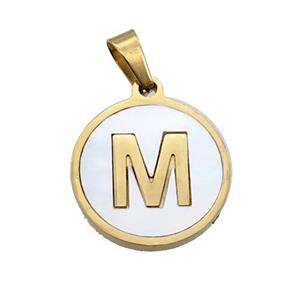 Stainless Steel Pendant Pave White Shell Letter-M Gold Plated, approx 15mm dia