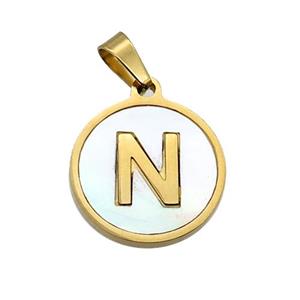 Stainless Steel Pendant Pave White Shell Letter-N Gold Plated, approx 15mm dia