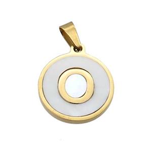 Stainless Steel Pendant Pave White Shell Letter-O Gold Plated, approx 15mm dia