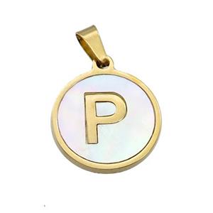 Stainless Steel Pendant Pave White Shell Letter-P Gold Plated, approx 15mm dia