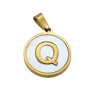 Stainless Steel Pendant Pave White Shell Letter-Q Gold Plated, approx 15mm dia