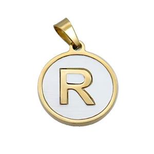 Stainless Steel Pendant Pave White Shell Letter-R Gold Plated, approx 15mm dia