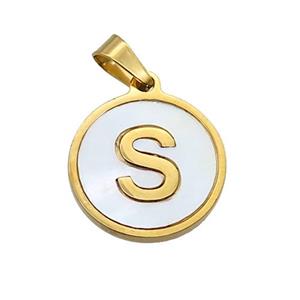 Stainless Steel Pendant Pave White Shell Letter-S Gold Plated, approx 15mm dia