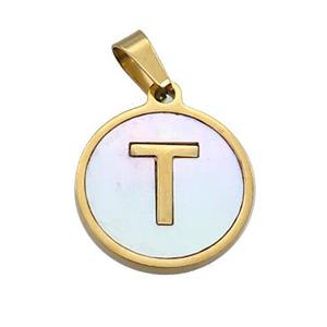Stainless Steel Pendant Pave White Shell Letter-T Gold Plated, approx 15mm dia