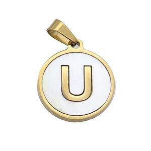 Stainless Steel Pendant Pave White Shell Letter-U Gold Plated, approx 15mm dia
