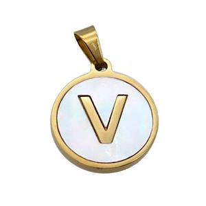 Stainless Steel Pendant Pave White Shell Letter-V Gold Plated, approx 15mm dia