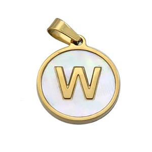 Stainless Steel Pendant Pave White Shell Letter-W Gold Plated, approx 15mm dia