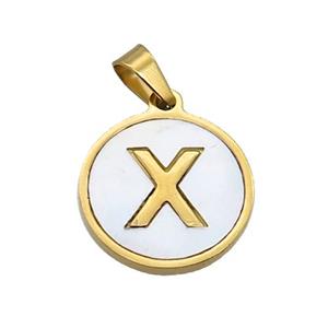 Stainless Steel Pendant Pave White Shell Letter-X Gold Plated, approx 15mm dia