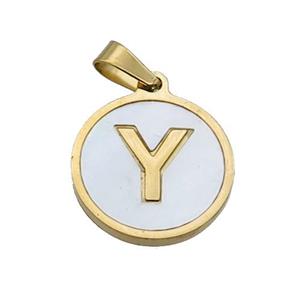 Stainless Steel Pendant Pave White Shell Letter-Y Gold Plated, approx 15mm dia