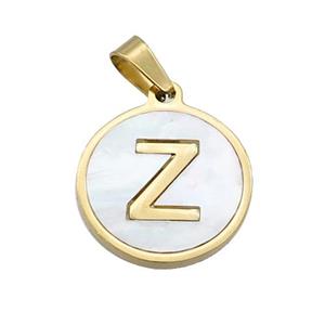 Stainless Steel Pendant Pave White Shell Letter-Z Gold Plated, approx 15mm dia