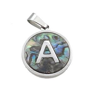 Raw Stainless Steel Pendant Pave Abalone Shell Letter-A, approx 15mm dia