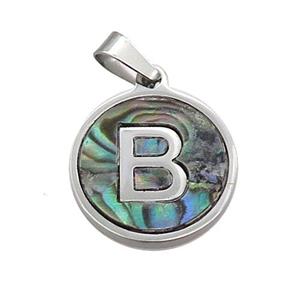 Raw Stainless Steel Pendant Pave Abalone Shell Letter-B, approx 15mm dia