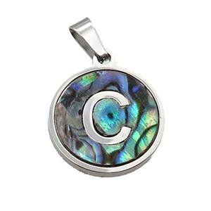 Raw Stainless Steel Pendant Pave Abalone Shell Letter-C, approx 15mm dia