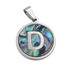 Raw Stainless Steel Pendant Pave Abalone Shell Letter-D, approx 15mm dia
