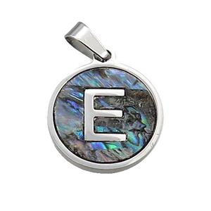 Raw Stainless Steel Pendant Pave Abalone Shell Letter-E, approx 15mm dia