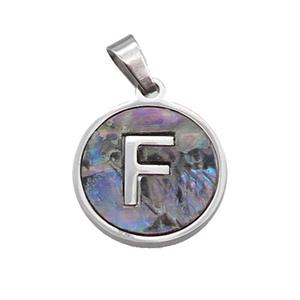 Raw Stainless Steel Pendant Pave Abalone Shell Letter-F, approx 15mm dia