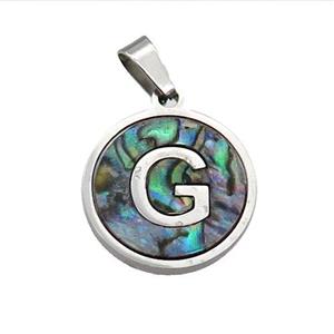 Raw Stainless Steel Pendant Pave Abalone Shell Letter-G, approx 15mm dia