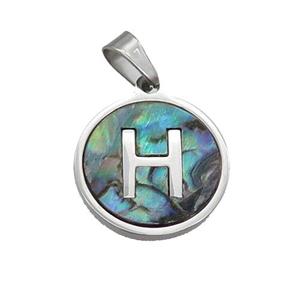 Raw Stainless Steel Pendant Pave Abalone Shell Letter-H, approx 15mm dia