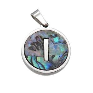Raw Stainless Steel Pendant Pave Abalone Shell Letter-I, approx 15mm dia