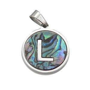 Raw Stainless Steel Pendant Pave Abalone Shell Letter-L, approx 15mm dia