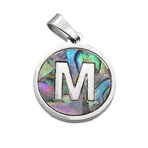 Raw Stainless Steel Pendant Pave Abalone Shell Letter-M, approx 15mm dia