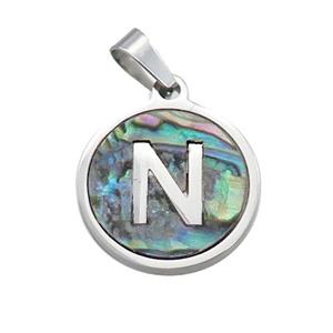 Raw Stainless Steel Pendant Pave Abalone Shell Letter-N, approx 15mm dia