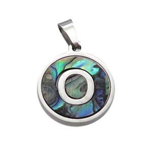 Raw Stainless Steel Pendant Pave Abalone Shell Letter-O, approx 15mm dia