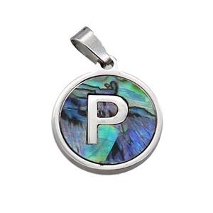 Raw Stainless Steel Pendant Pave Abalone Shell Letter-P, approx 15mm dia