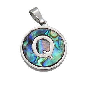 Raw Stainless Steel Pendant Pave Abalone Shell Letter-Q, approx 15mm dia