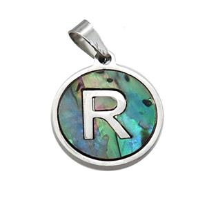 Raw Stainless Steel Pendant Pave Abalone Shell Letter-R, approx 15mm dia