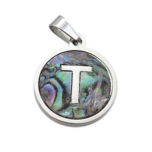 Raw Stainless Steel Pendant Pave Abalone Shell Letter-T, approx 15mm dia