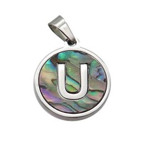 Raw Stainless Steel Pendant Pave Abalone Shell Letter-U, approx 15mm dia