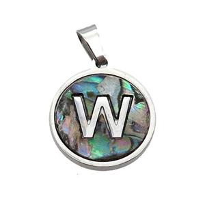 Raw Stainless Steel Pendant Pave Abalone Shell Letter-W, approx 15mm dia