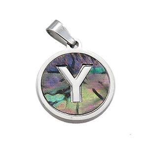 Raw Stainless Steel Pendant Pave Abalone Shell Letter-Y, approx 15mm dia