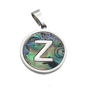 Raw Stainless Steel Pendant Pave Abalone Shell Letter-Z, approx 15mm dia