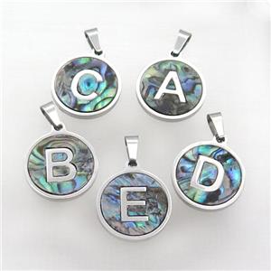 Raw Stainless Steel Letter Pendant Pave Abalone Shell Mix Alphabet, approx 15mm dia