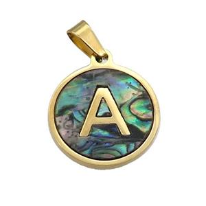 Stainless Steel Pendant Pave Abalone Shell Letter-A Gold Plated, approx 15mm dia