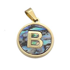 Stainless Steel Pendant Pave Abalone Shell Letter-B Gold Plated, approx 15mm dia