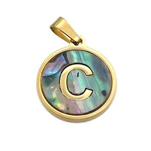 Stainless Steel Pendant Pave Abalone Shell Letter-C Gold Plated, approx 15mm dia