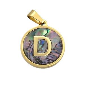 Stainless Steel Pendant Pave Abalone Shell Letter-D Gold Plated, approx 15mm dia