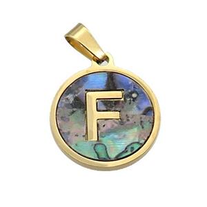 Stainless Steel Pendant Pave Abalone Shell Letter-F Gold Plated, approx 15mm dia