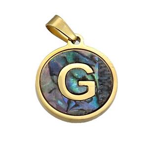 Stainless Steel Pendant Pave Abalone Shell Letter-G Gold Plated, approx 15mm dia