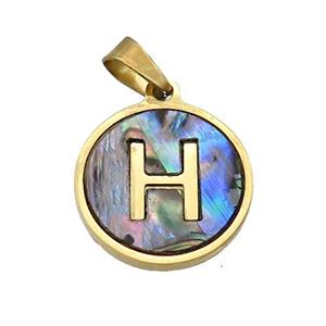 Stainless Steel Pendant Pave Abalone Shell Letter-H Gold Plated, approx 15mm dia
