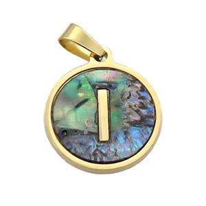 Stainless Steel Pendant Pave Abalone Shell Letter-I Gold Plated, approx 15mm dia