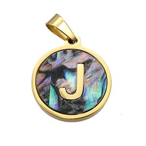 Stainless Steel Pendant Pave Abalone Shell Letter-J Gold Plated, approx 15mm dia