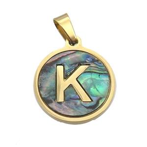 Stainless Steel Pendant Pave Abalone Shell Letter-K Gold Plated, approx 15mm dia