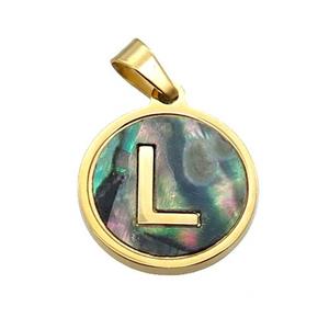 Stainless Steel Pendant Pave Abalone Shell Letter-L Gold Plated, approx 15mm dia